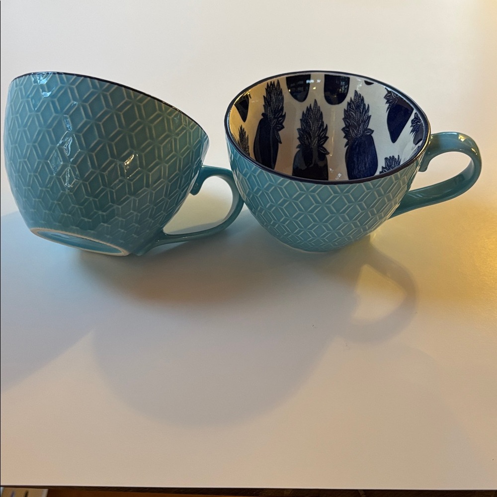 Crown & Ivy Teal and Navy Stoneware Mugs/Cups Pineapple On Inside Of Cup. 10 OZ - Picture 4 of 7